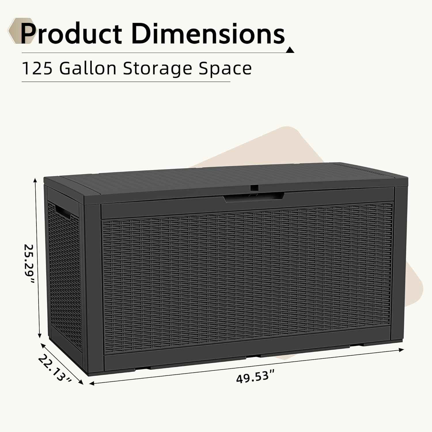 Waterproof Outdoor Storage Box, 125 Gallon Lockable Deck Box, UV-Resistant Outside Storage Bin with Hydraulic Lid for Patio Furniture, Cushion Organizer, Garden Tool, Pool Accessories, Black