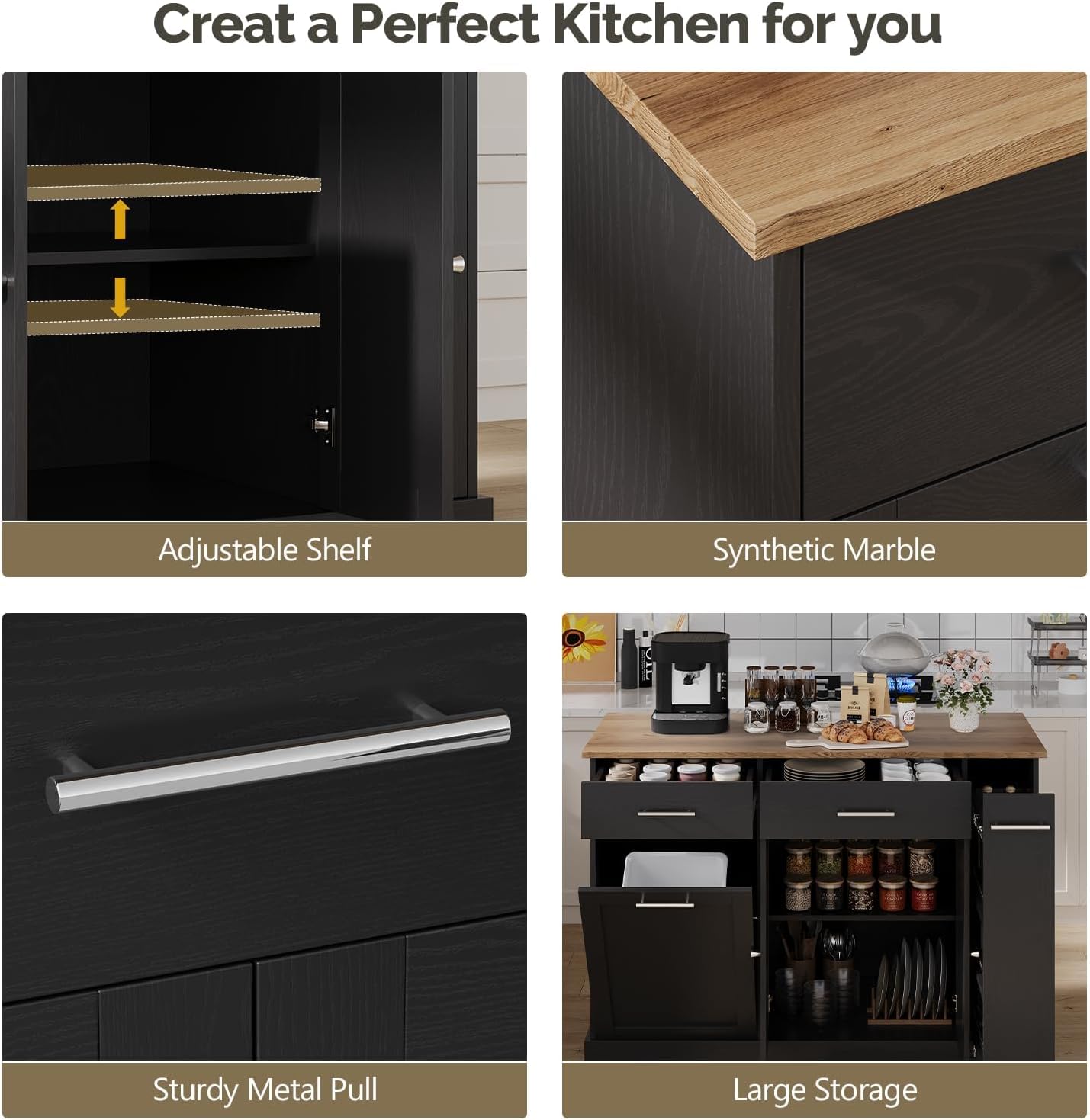 4 EVER WINNER Kitchen Island with Trash Can, 53" Rolling Kitchen Island with Storage and 3-Large Spice Racks, Portable Kitchen Island with Adjustable Shelves, Black
