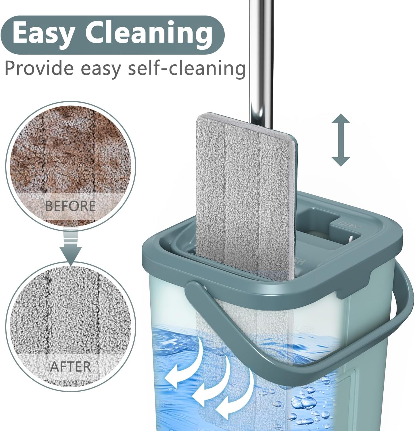 Aifacay Mop and Bucket with Wringer Set, Flat Wall Mop and Bucket Set with 4 Reusable Microfiber Pads, Hand Wash Free Floor Cleaning System Wet and Dry Use for Hardwood Tile Window Corner Baseboard