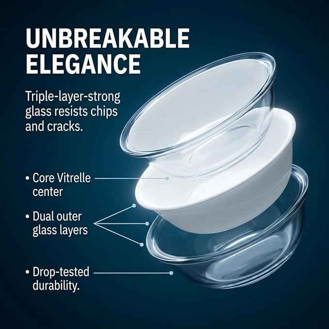 Corelle Vitrelle 6-Piece Soup/Cereal Bowl Set Triple Layer Glass and Chip Resistant, 18-Oz Lightweight Round Bowls, Winter Frost White