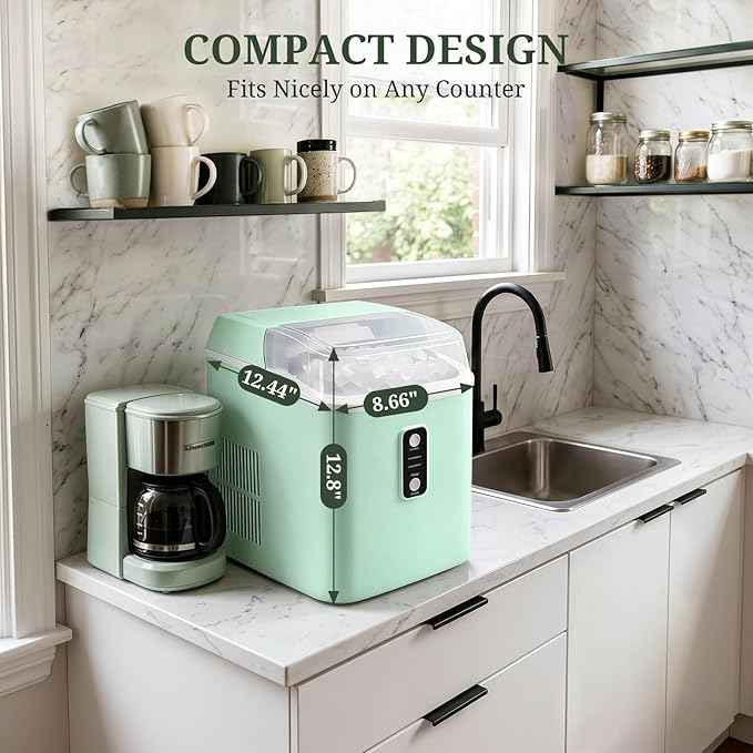 Nugget Ice Maker Countertop, 6-Min Fast Chewable Pellet Ice, 24lbs/24H Portable Ice Machine with Self-Cleaning, Ice Full & Low Water Indicator, Basket & Scoop for Home, Party, RV, Camping (Green)
