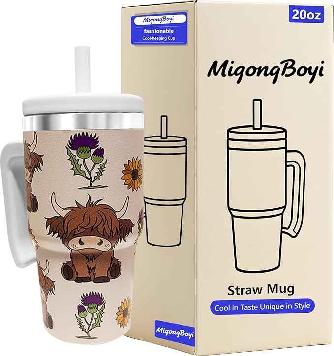 2PCS 20-OZ Insulated Water Bottle,Insulated Stainless Steel Tumbler,Reusable Cold Drink Thermos,BPA-Free, Double-Wall Stainless Steel Water Bottle (Cream-Higland cows, 20, Fluid Ounces)