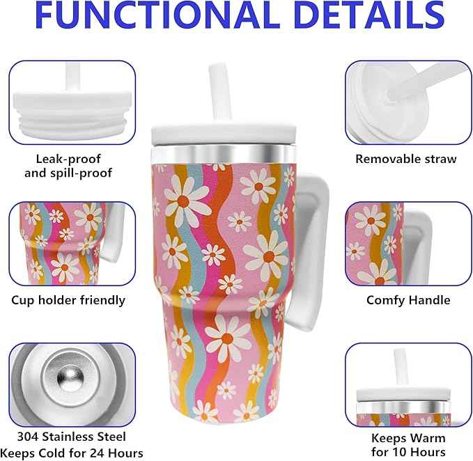 20-OZ Insulated Water Bottle,Insulated Stainless Steel Tumbler,Reusable Cold Drink Thermos,BPA-Free, Double-Wall Stainless Steel Water Bottle (Pink-Rainbow Flower, 20, Fluid Ounces)