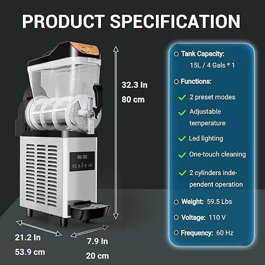 15L Single Tank Slushie Machine Commercial, Margarita Machine for Slushie, Frozen Drinks, Daiquiri, Smoothie in Large Events Party Restaurants Cafe Bars, Quiet Operation, No Ice Needed