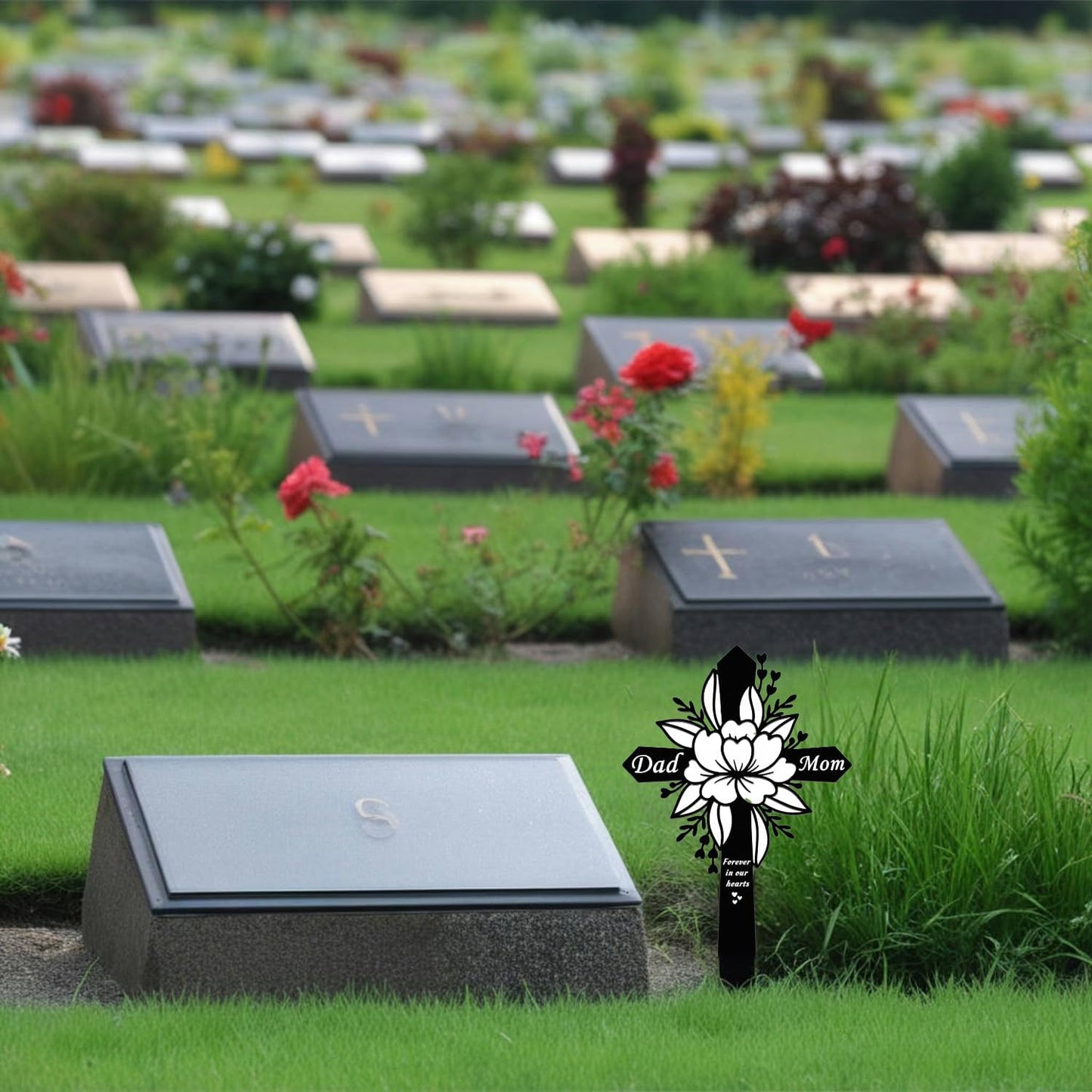 Metal Dad and Mom Memorial Grave Markers Flower Memorial Plaque Stake Cemetery Decorations Garden Grave Yard Sympathy Decor