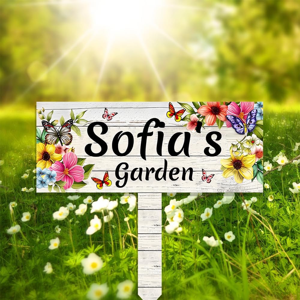 Custom Metal Garden Sign With Stake,Flower Personalized Gardener Family Name Signs,Customized Grandmother Gifts Gardening Decorative,Colorful Butterfly Plaques for Outside Lawn Patio Yard Art Decor