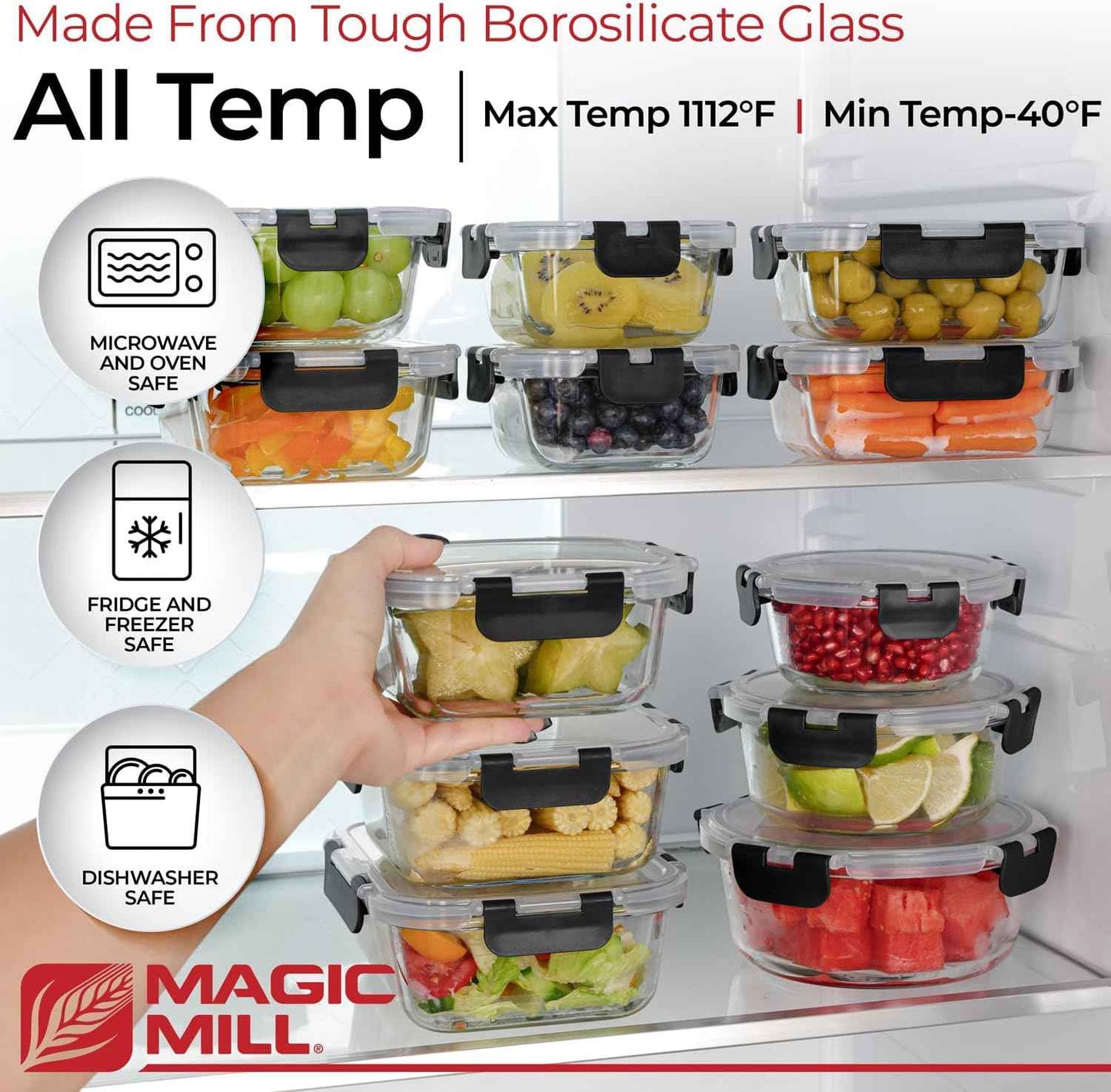 Magic Mill Premium Borosilicate Glass Food Storage Containers with lids Set | 24pc Sets with 12 Bowls & 12 Airtight Locking Lids for Lunch & Meal Prep, Safe for Oven, Freezer, Dishwasher, BPA-Free