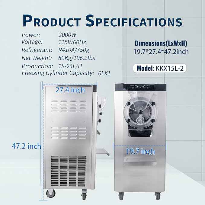 2000W Commercial Hard Ice Cream Machine, 6.3 GPH (18-24L/H) High Capacity Batch Freezer with LED Display, Stainless Steel Hard Ice Cream Maker for Restaurants, Cafes & Bars, 110V-120V Standard US Plug