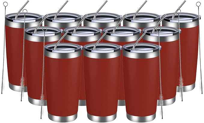 MEWAY 20oz Tumbler 12 Pack Double Wall Vacuum Insulated Travel Mug Bulk, Stainless Steel Tumblers with Lid and Straw, Powder Coated Coffee Cups for Cold & Hot Drinks (Red, Set of 12)