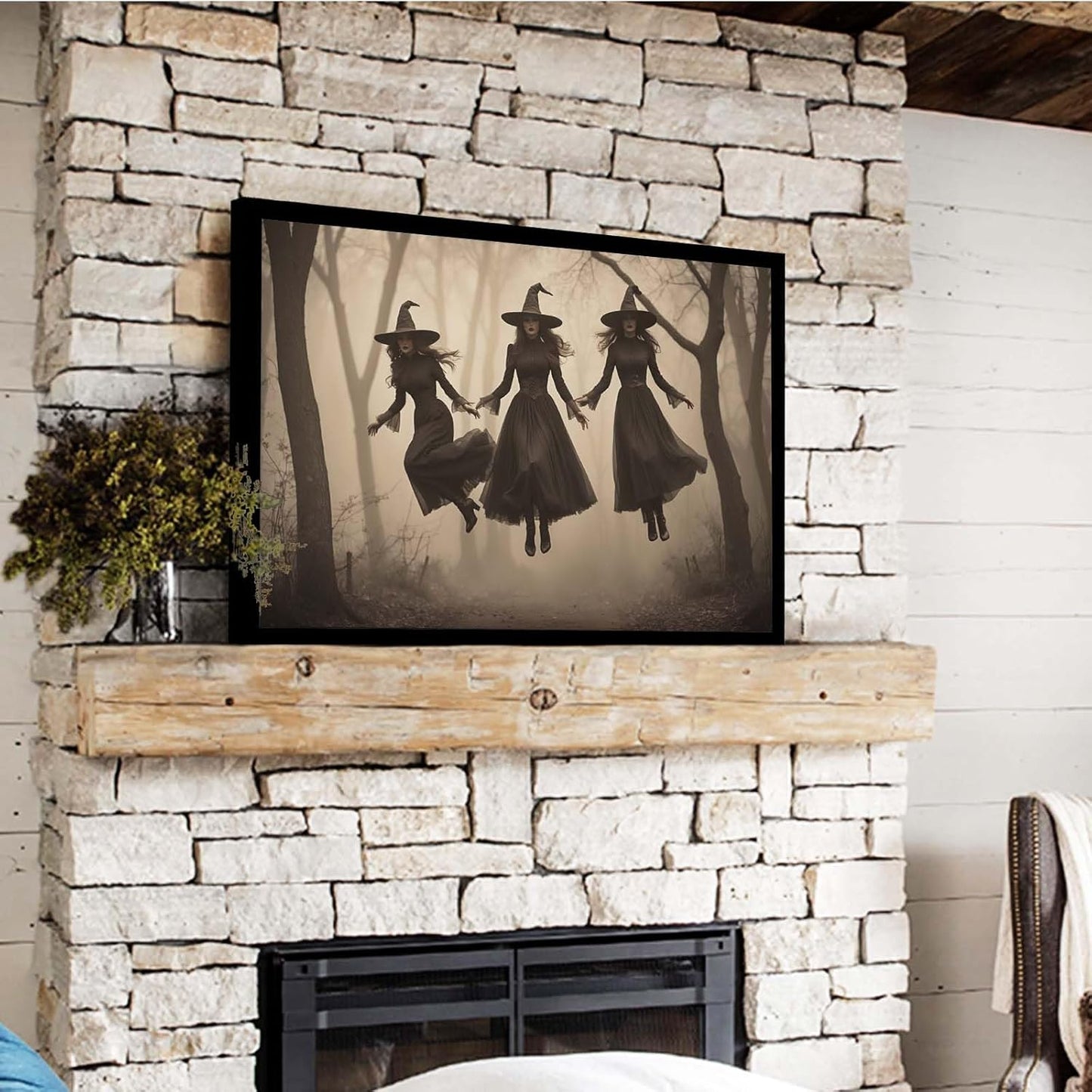 JFHCQJPK Three ghost witches flying in vintage forest gothic wall art witchcraft decoration holiday gift canvas wall art print24x36in Metal blackFramed