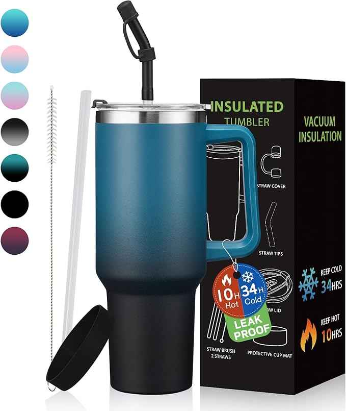 BENZZO 40 oz Tumbler with Handle and Straw Lid Travel Mugs Insulated for Hot and Cold Water Bottle Stainless Steel Coffee Cups