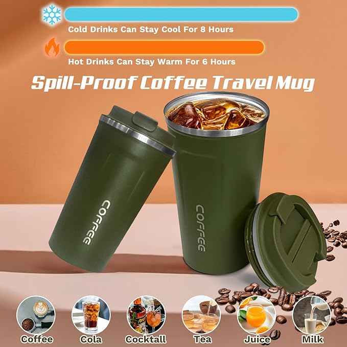 SPLMIFA Travel Coffee Mugs Leak-Proof, Reusable Coffee Cups with Lids, Stainless Steel Vacuum Insulated Coffee Tumblers, Thermal Insulation Cups for Men and Women Hot & Cold Drinks(2nd-Green, 17OZ)