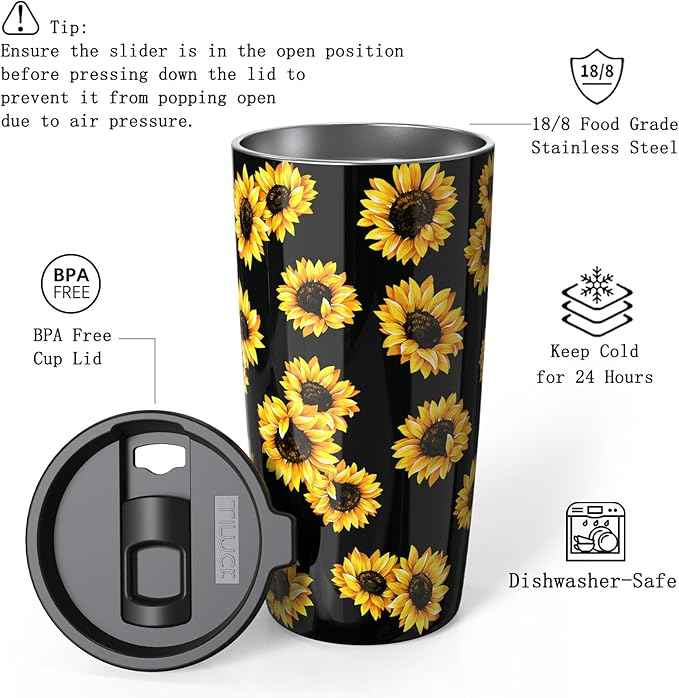 TILUCK 20 oz Insulated Tumbler with BPA-Free Lid, Stainless Steel Vacuum Travel Coffee Mug, Double Wall Coffee Tumbler for Cold Drinks（20oz，Sunflower）