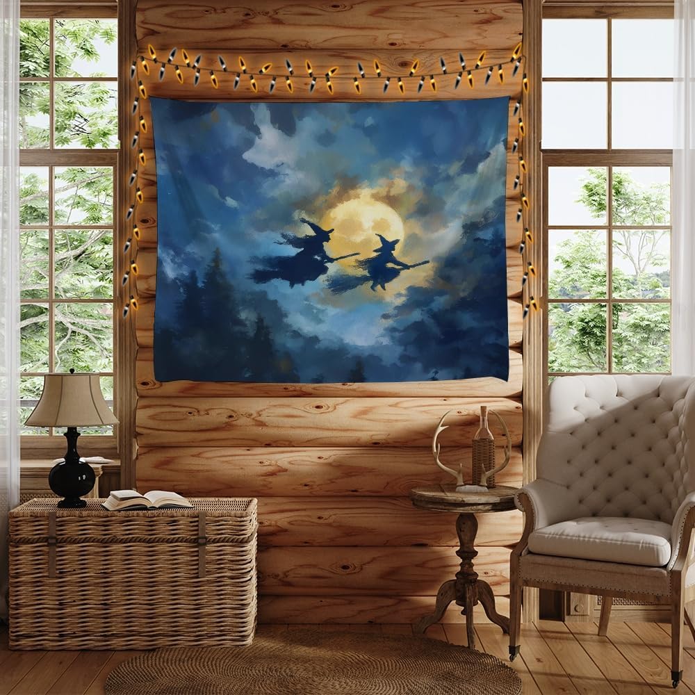 Spooky Halloween Witch Tapestry Wall Hanging Dark Fantasy Night Sky Aesthetic Print Flying Witches Under Full Moon Tapestries Horror Ghost Halloween Party Decor for Living Room Bedroom 30x40inch