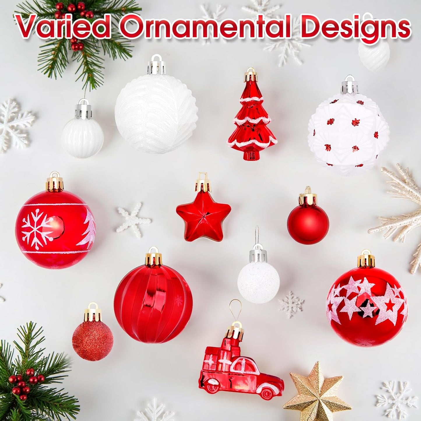 DeckTheHalls 42 Pcs Christmas Ornaments, Various Styles of Christmas Ball Ornaments, Shatterproof Christmas Balls for Holiday Xmas Tree Decor, Hanging Ornament for Indoor Decoration (Red & White)