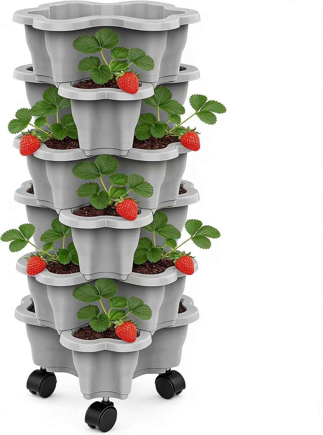 Vertical Planter Tower - 6 Tier Stackable Garden Planters with Wheels for Strawberry Flower and Vegetable Indoor Outdoor Use Gray