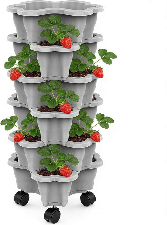 Vertical Planter Tower - 6 Tier Stackable Garden Planters with Wheels for Strawberry Flower and Vegetable Indoor Outdoor Use Gray