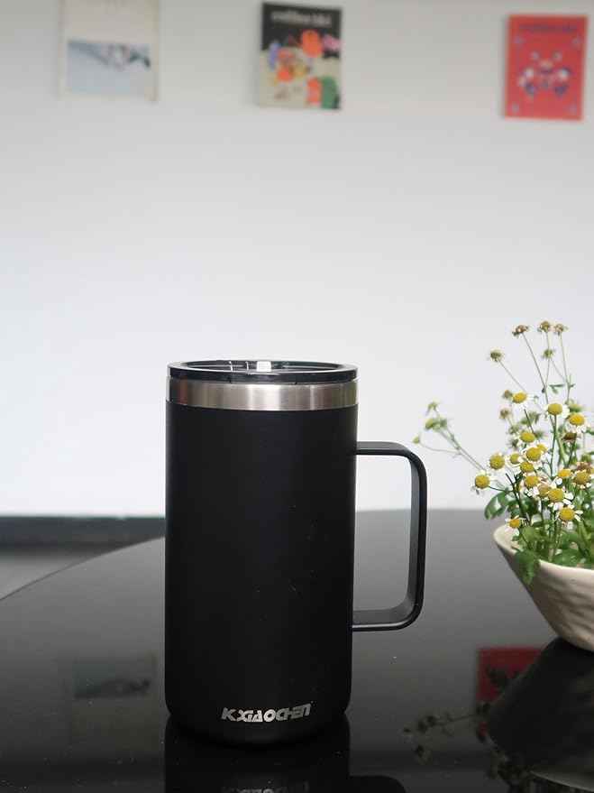 KXIAOCHEN 20oz Insulated Coffee Mug with Lid, Stainless Steel Coffee Cup, Double Wall Vacuum Coffee Tumbler with Handle, Premium Thermal Travel Coffee Mug (Navy Blue Black 2Pack)