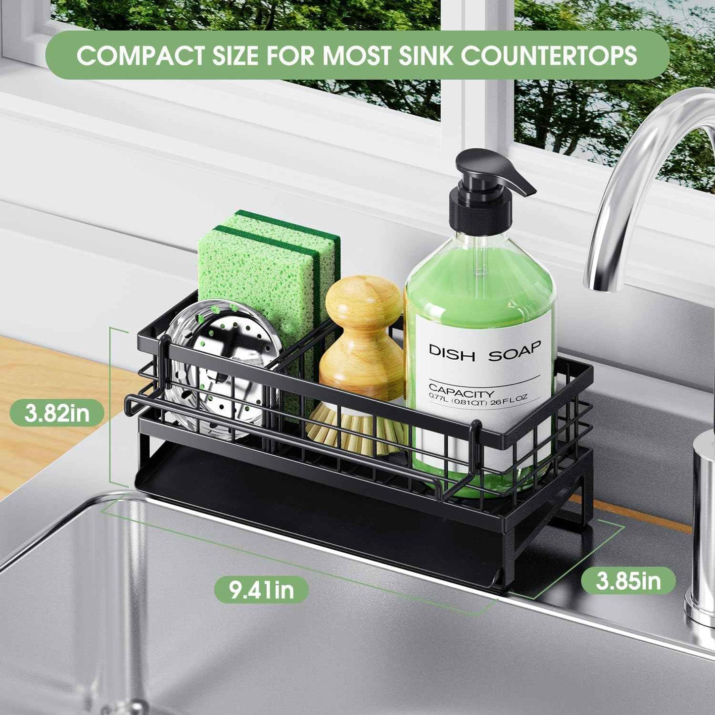 Self-Draining Kitchen Sink Caddy, Rustproof Non-Slip Metal Sponge Holder with Detachable Dish Cloth Holder (Black)