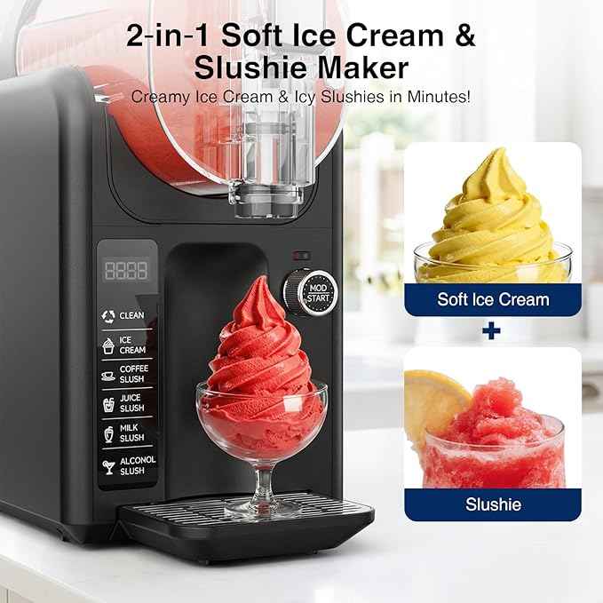 Slushie Machine & Ice Cream Maker Machine 2-IN-1, 6 Modes for Smoothies, Milkshakes, Cocktails, Margarita, and Ice Cream, No Ice Needed, Self-Cleaning, For Home Use