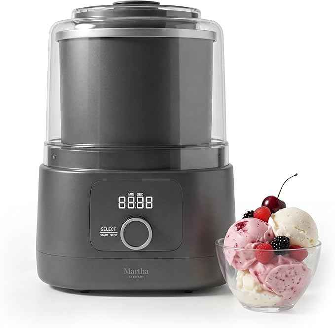 Martha Stewart Ice Cream Maker, 2 Quart Double-Insulated Freezer Bowl, Sorbet & Frozen Yogurt, Ready in 20 Minutes, Mix-Ins Chute, Easy to Clean, Caviar Gray