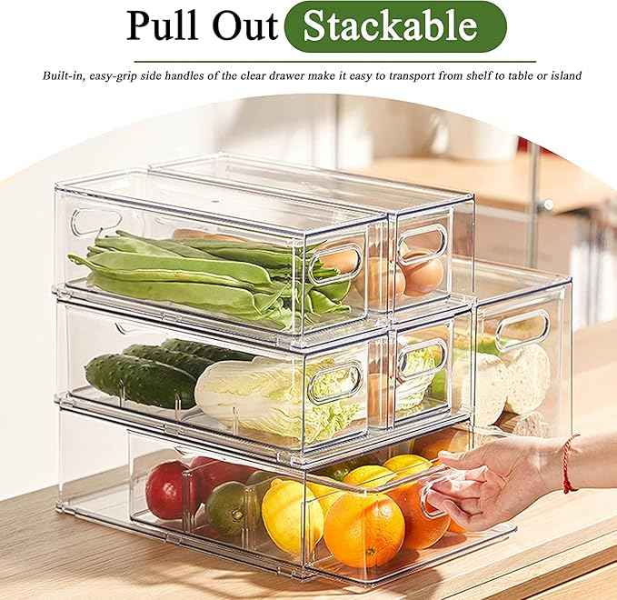 bealy Clear Drawer Organizer with 3 Dividers, Fruit Containers for Fridge Organization, Clear Stackable Storage Drawers, BPA Free, 6.34QT