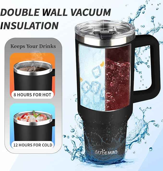 40 oz Tumbler with Handle, Insulated Tumbler with Lid and Straw, Reusable Stainless Steel Vacuum Insulated Cup, 100% Leak Proof Thermal Travel Coffee Mug Cup for Cold and Hot (Black)