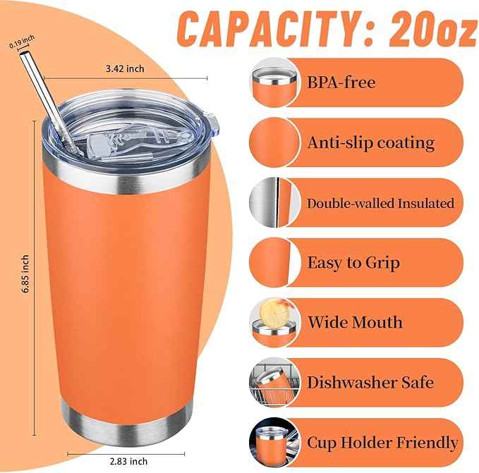 20 oz Tumbler with Lids and Straws, Stainless Steel Insulated Travel Coffee Mug, Double Wall Vacuum Insulated Tumblers, Powder Coated Coffee Tumbler for Cold & Hot Drinks (Orange)