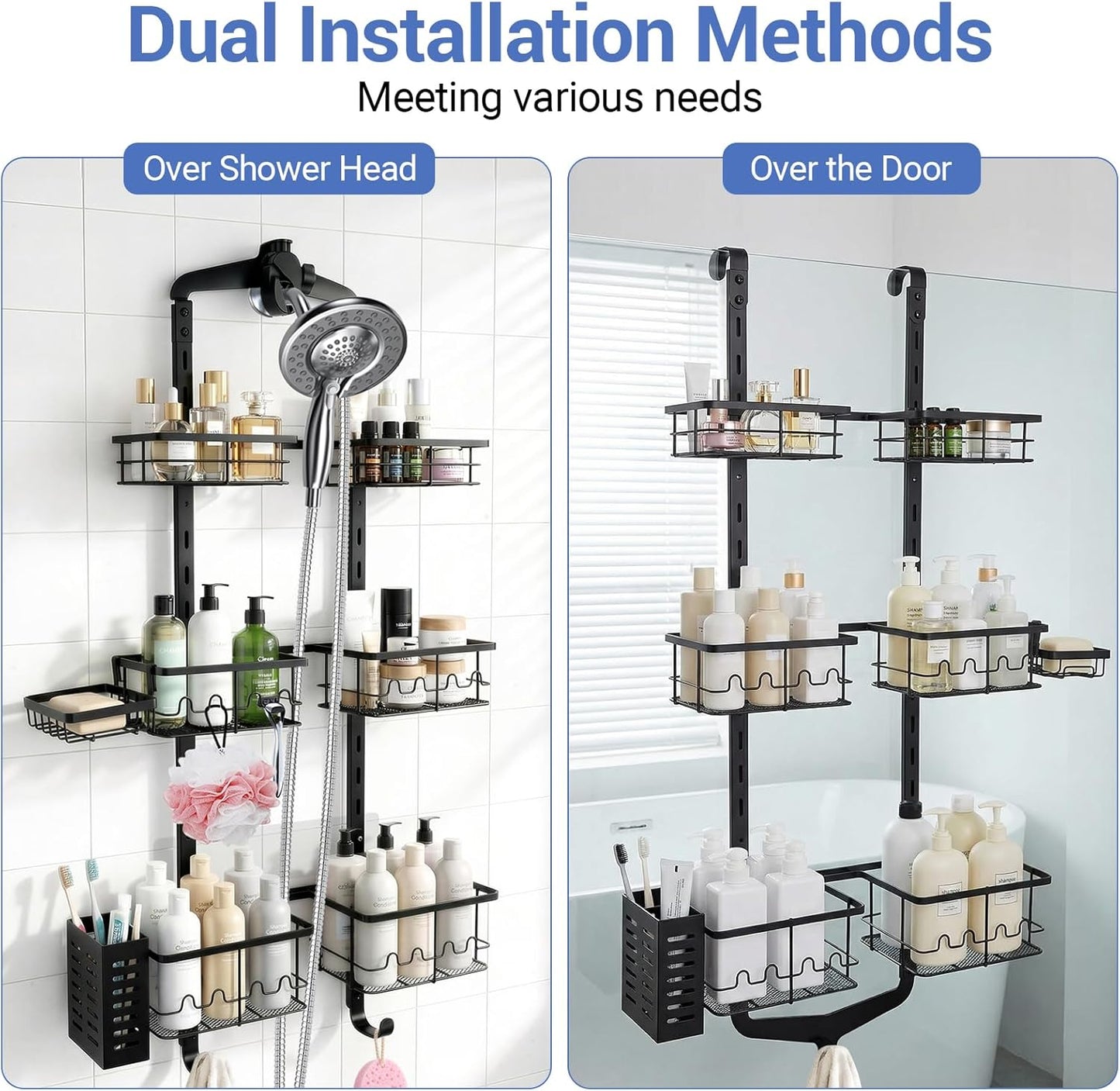 Extra Large Shower Caddy Hanging, Rust-Resistant Shower Organizer Hanging, 3 Tier Height-Adjustable Over the Head Caddy, Rack with Soap Basket (Black)