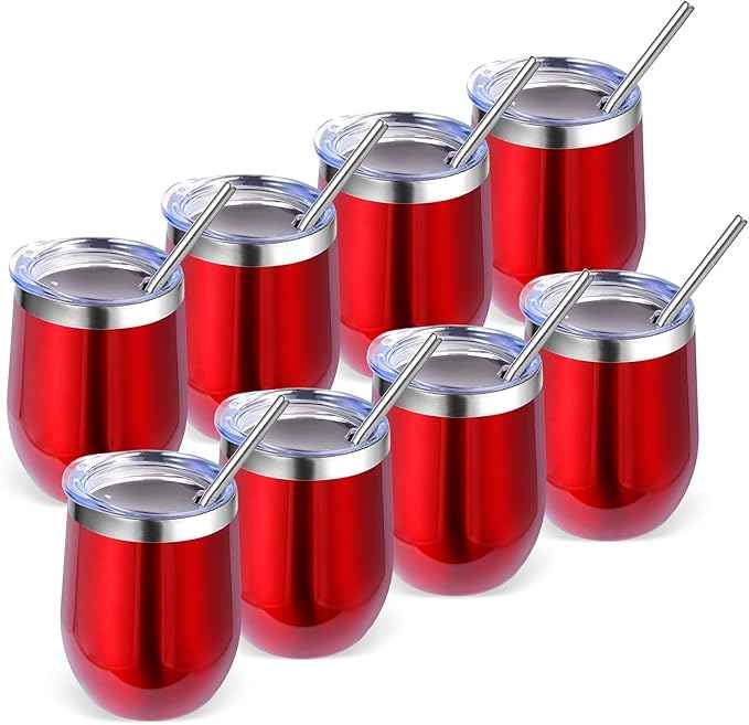 Volhoply 12oz Stainless Steel Wine Tumbler with Lid Bulk 8 Pack,Double Wall Vacuum Stemless Wine Glasses,Reusable Metal Travel Coffe Mug with Straw,Insulated Cup Gifts for Women,Christmas（Red,8 Set）