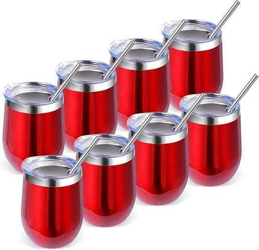 Volhoply 12oz Stainless Steel Wine Tumbler with Lid Bulk 8 Pack,Double Wall Vacuum Stemless Wine Glasses,Reusable Metal Travel Coffe Mug with Straw,Insulated Cup Gifts for Women,Christmas（Red,8 Set）