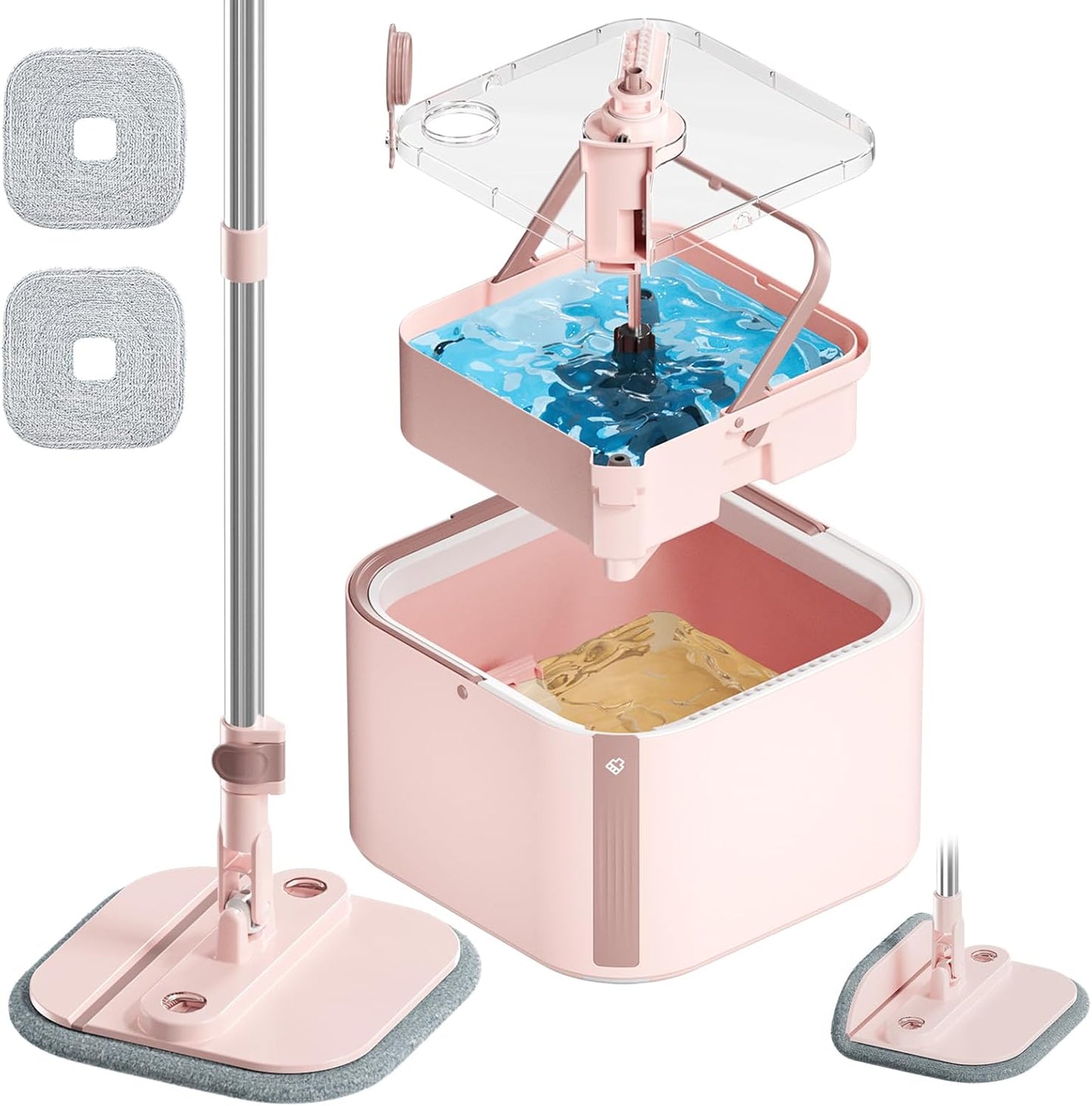 Upgraded Spin Mop and Bucket Set Self-Standing Mop Bucket Separate Dirty and Clean Water System Self Wringing 360° Rotating 90° Foldabl Mops and Buckets for Floor Cleaning (Pink, 2Pads)