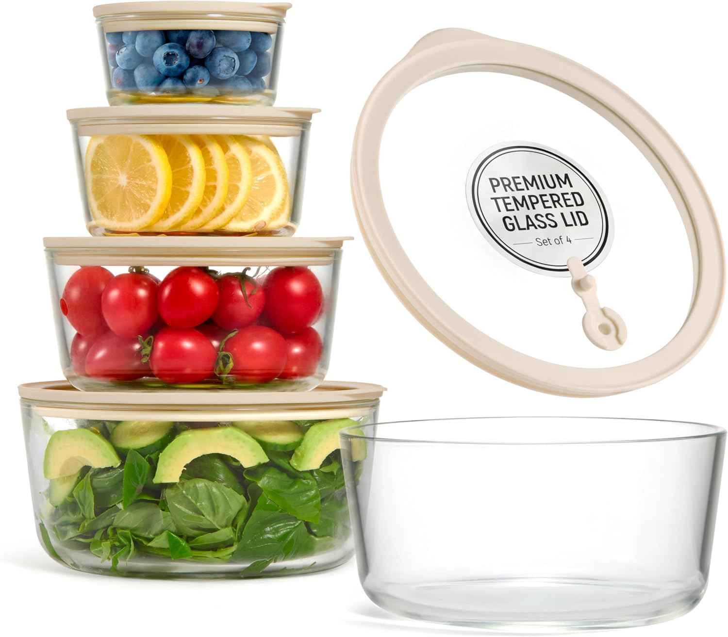 Vase and Vessel Non-Toxic Glass Storage Container Set, Borosilicate Glass, Tempered Glass Lids, Baking Pan, Airtight with Vents, Microwave, Oven & Dishwasher Safe (Circular, Set of 4)
