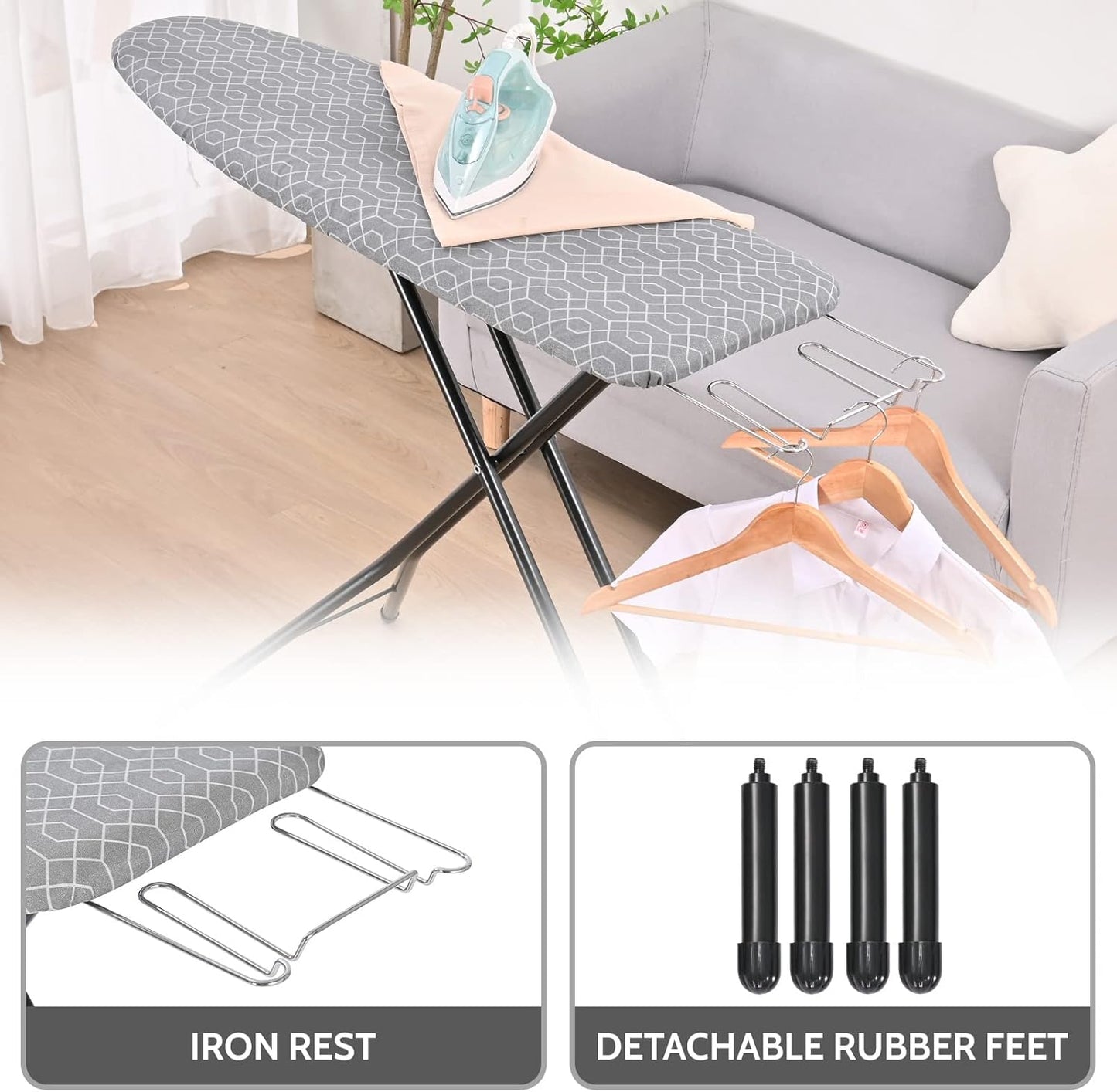 APEXCHASER Full Size Ironing Board with Iron Rest, Lightweight Iron Board with Height Adjustable, Extra Thick Heat-Resistant Cover with Padding, Heavy-Duty Sturdy Metal Legs, 43x13 Grey