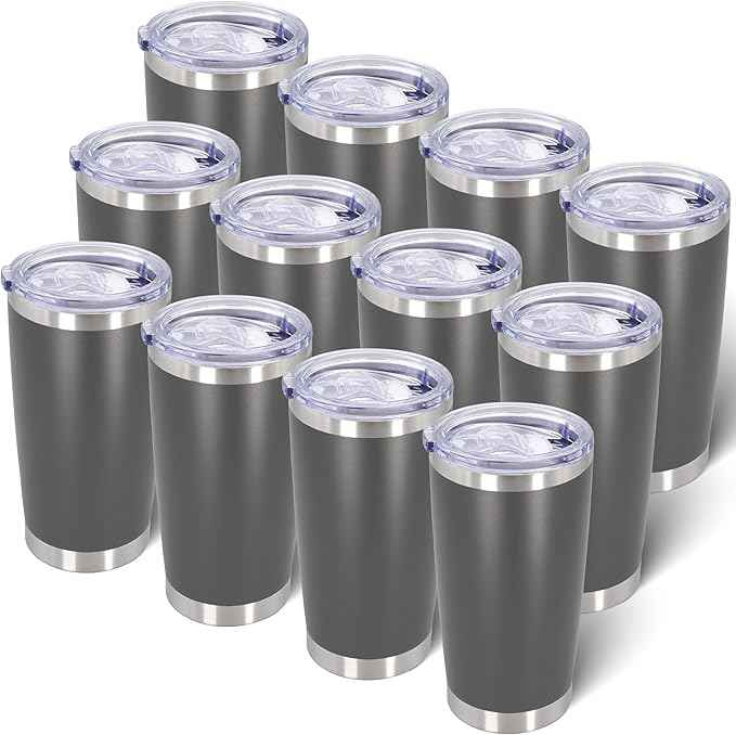 AIANJI 20oz Tumbler Bulk Stainless Steel Tumblers with Lid Vacuum Insulated Double Wall Travel Coffee Mug Powder Coated Tumbler Cup for Hot and Cold Drinks(Grey, 12 pack)