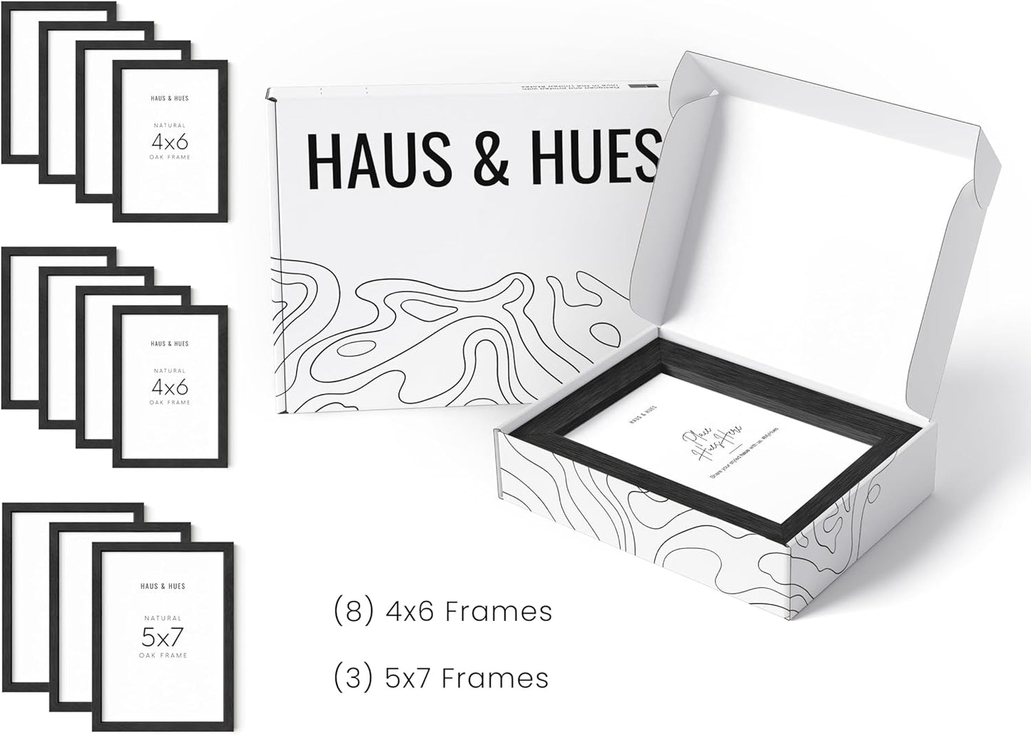 HAUS AND HUES Black Oak Wood Gallery Wall Tabletop Frames Made with Real American Oak and Shatter-free Plexiglass - Set of 11 (Eight 4x6, Three 5x7, Framed Black)