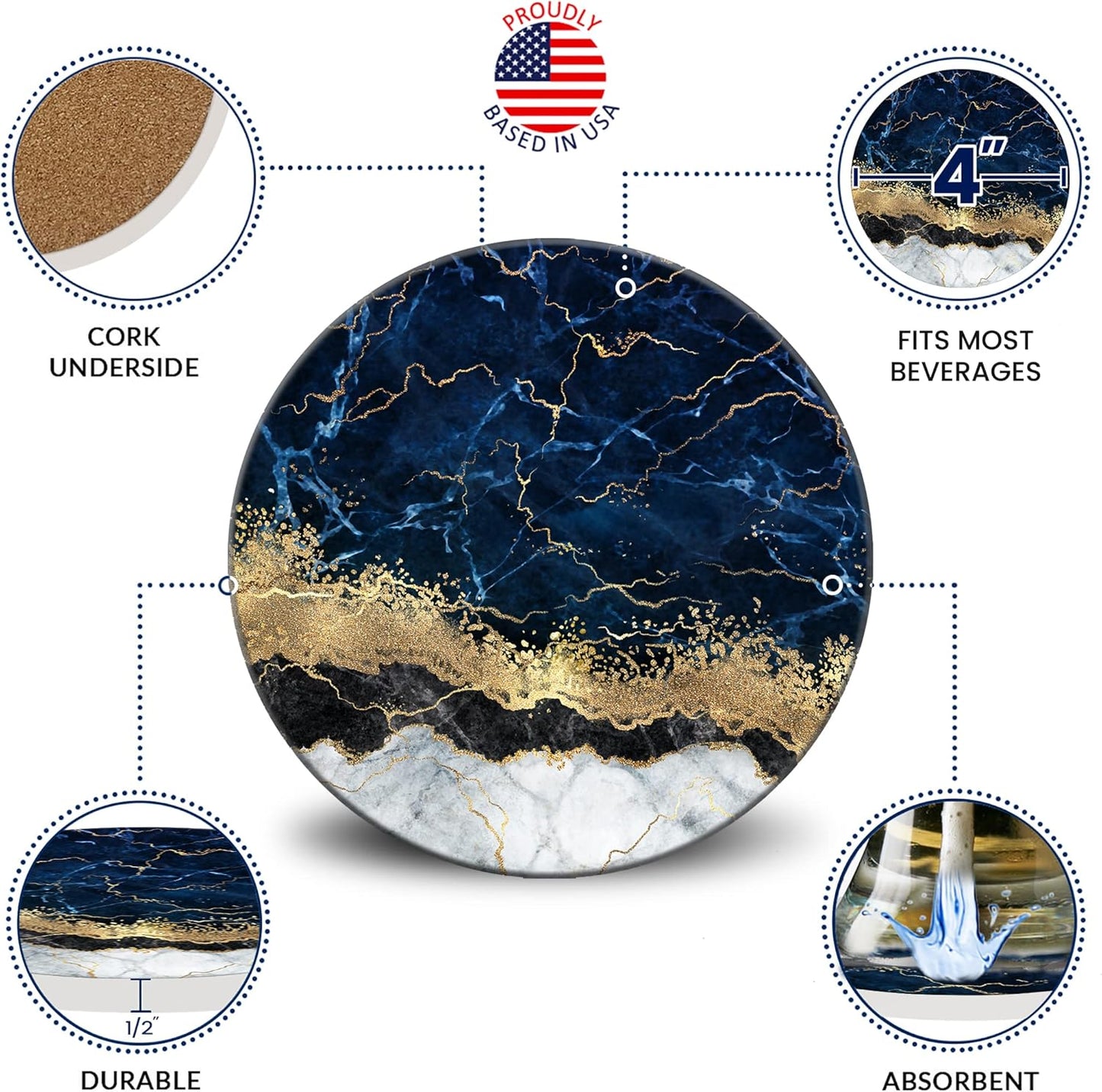 Emerson Coasters for Drinks Absorbent Set of 6 with Holder – Marble Style Coasters – Coasters for Drinks – Drink Coasters for Coffee Table – 100% Ceramic Stone Non Slip – Heavy Duty (Ripple)