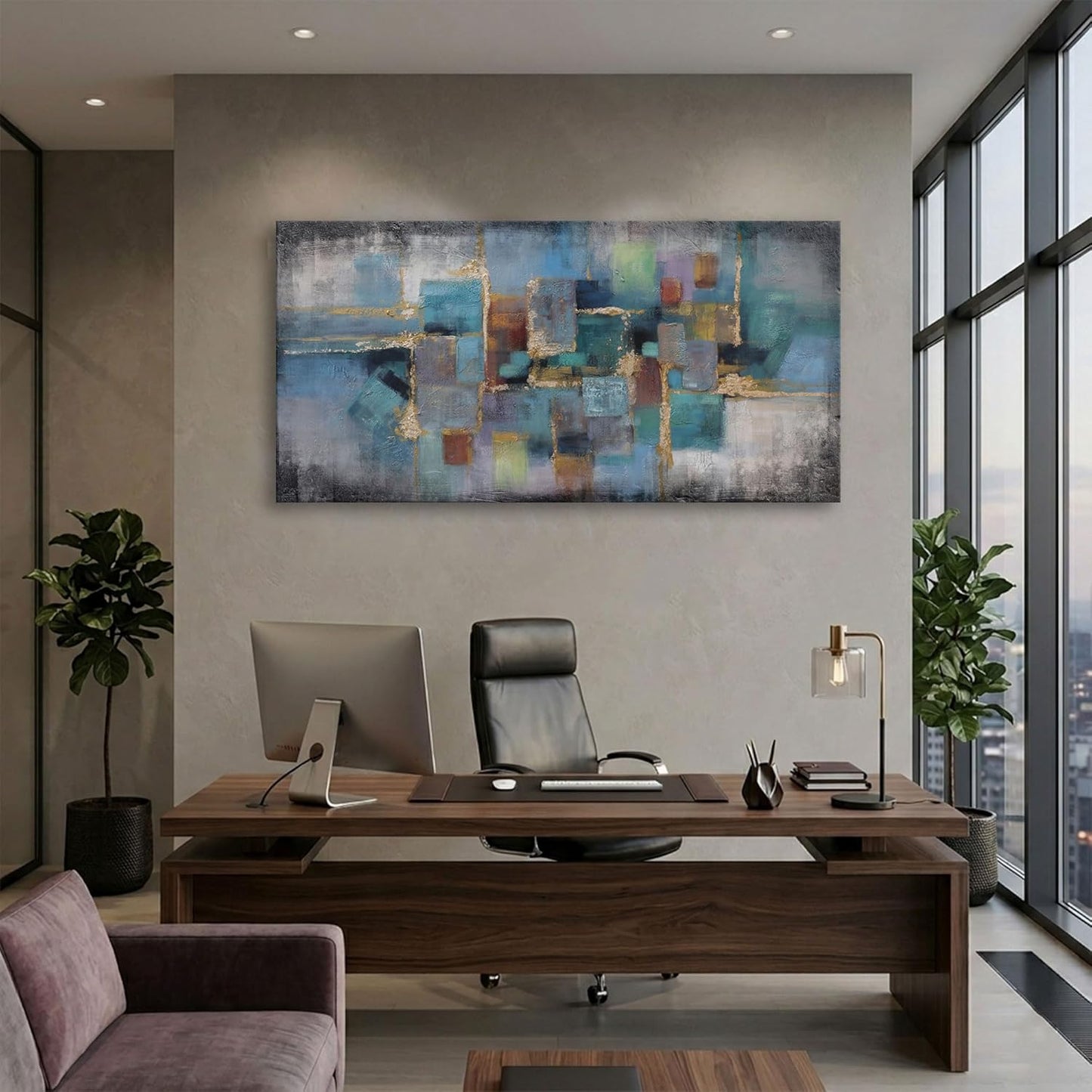 Blue and Gold Abstract Canvas Wall Art - Modern Framed Pictures for Living Room, Bedroom, Office - Large Black Framed Wall Decor - Large Extra Contemporary Artwork for Walls 24×48IN