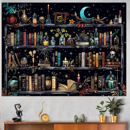 Accnicc Magic Bookshelf Tapestry Magical Witchy Potion Dark Hippie Haloween Tapestries Wall Hanging Gothic Skull Black Cat Library Book Small Tapestry for Bedroom Living Room Dorm 60 x 44 inch