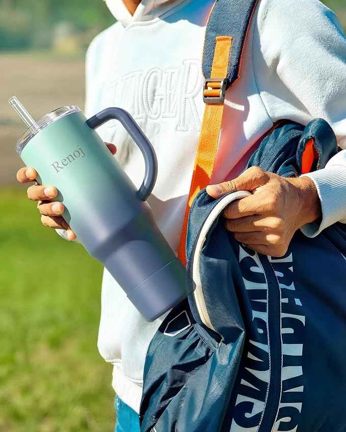 Renoj Insulated Mug 100% Spill Resistant Insulated Water Bottle for Iced Coffee & Hot Drinks - Fits Car Cup Holder, Ideal Gift, 2 Straws & Silicone Boot - FlexSlide Blue Gradient 32 oz