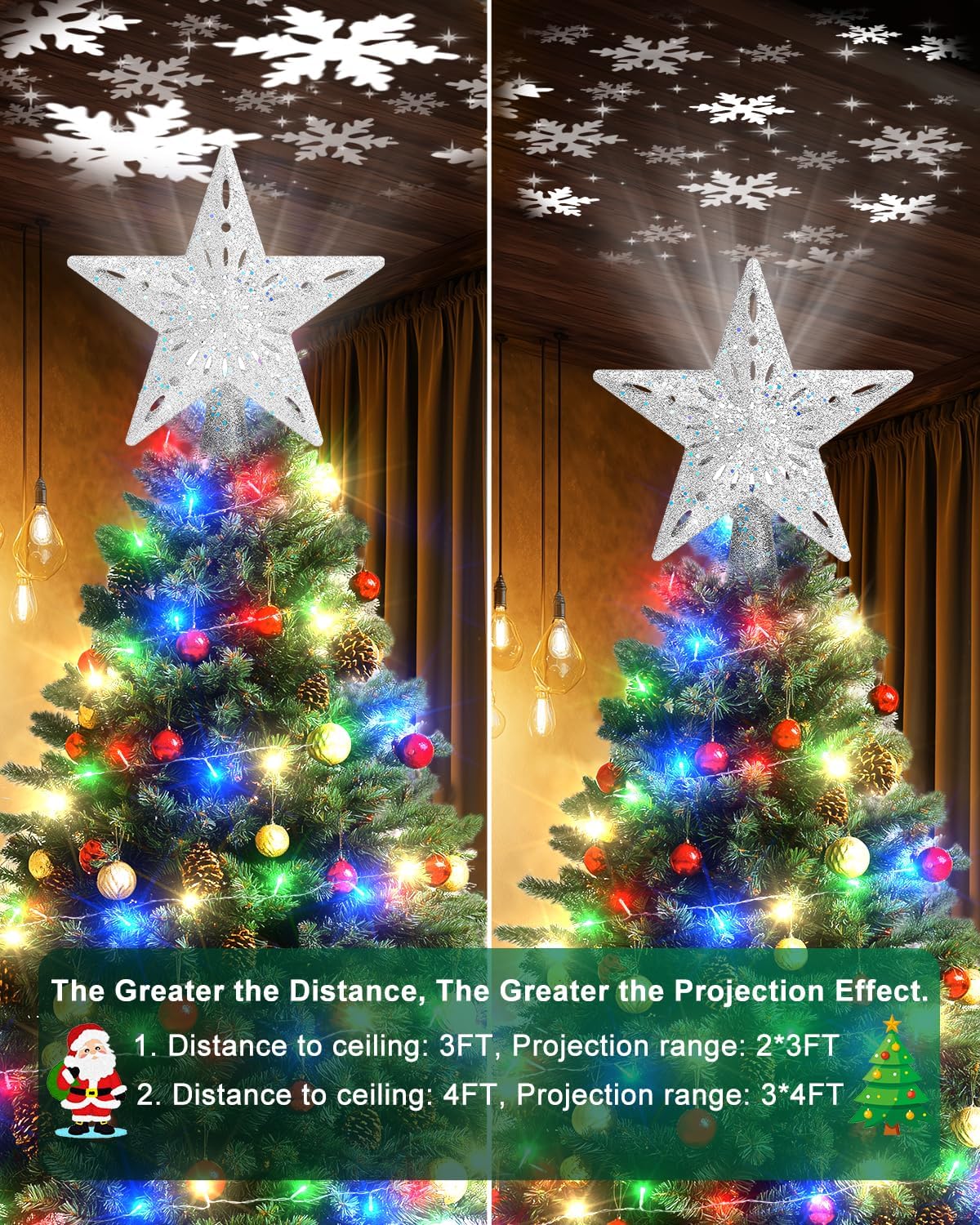 Kesfitt Christmas Tree Topper with 10M Colorful Light Cord, Tree Top Star Decoration with 6 Projection Modes, Silver Tree Topper Lighted 3D Glitter Dynamic Projection for Xmas Party Holiday