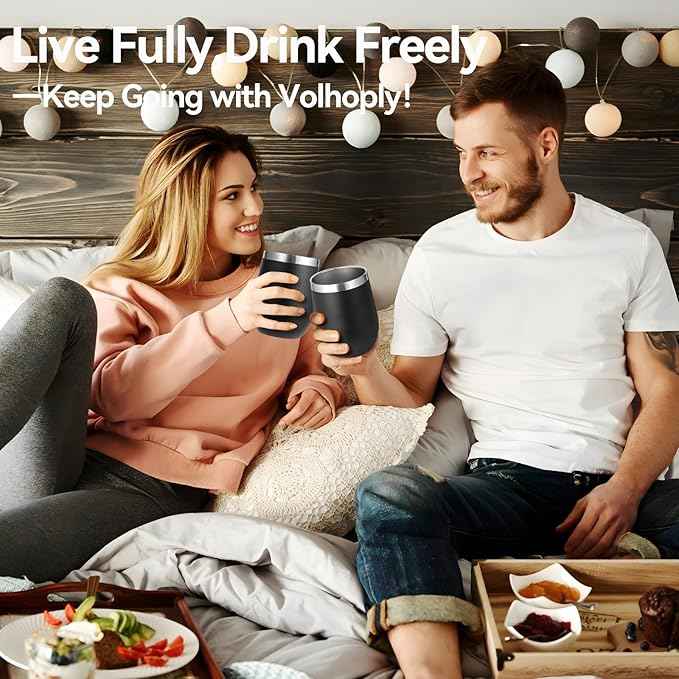 Volhoply 12oz Stainless Steel Wine Tumbler with Lid Bulk 4 Pack,Double Wall Vacuum Stemless Wine Glasses,Reusable Metal Travel Coffe Mug with Straw,Insulated Cup Gifts for Women,Christmas（Black,4 Set）
