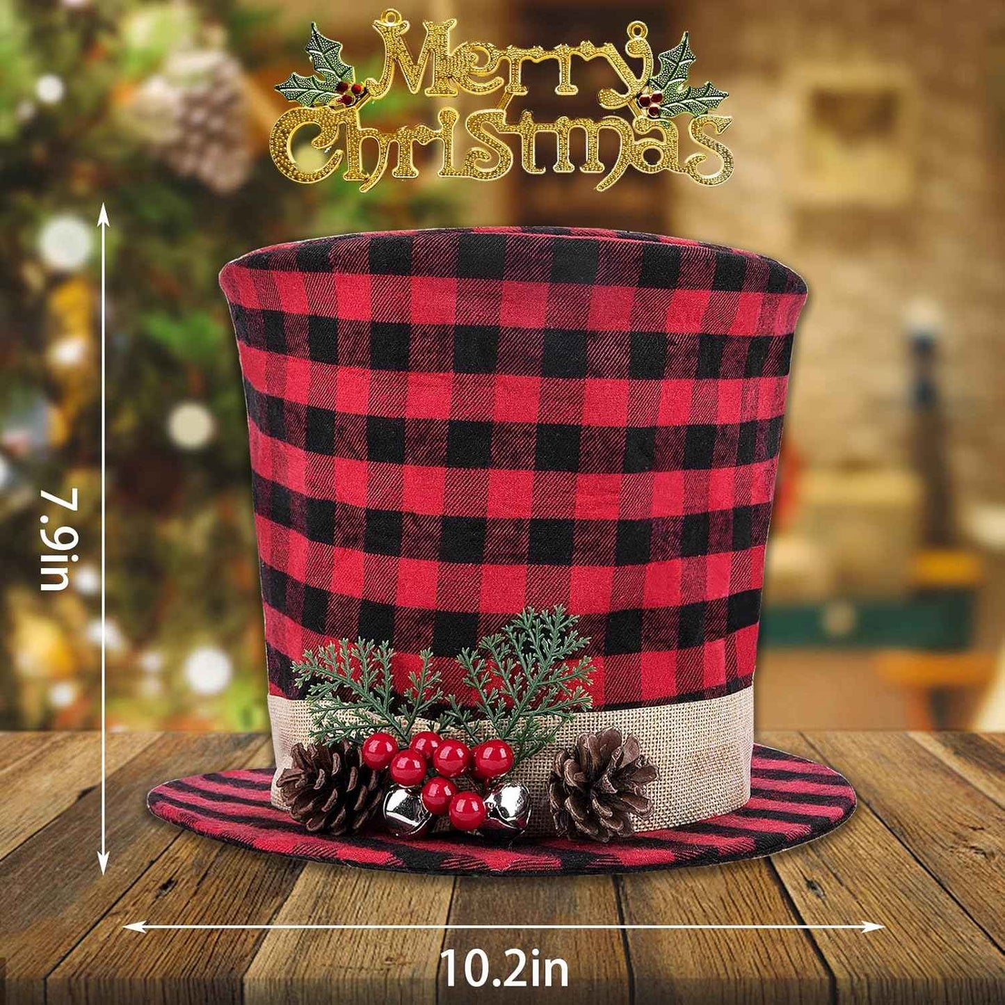 codree Christmas Tree Topper Top Hat - Red and Black Buffalo Plaid Top Hat with Pinecone Berry Bell-Christmas Tree Topper Fabric Top Hat for Winter Holiday Xmas Tree Decor