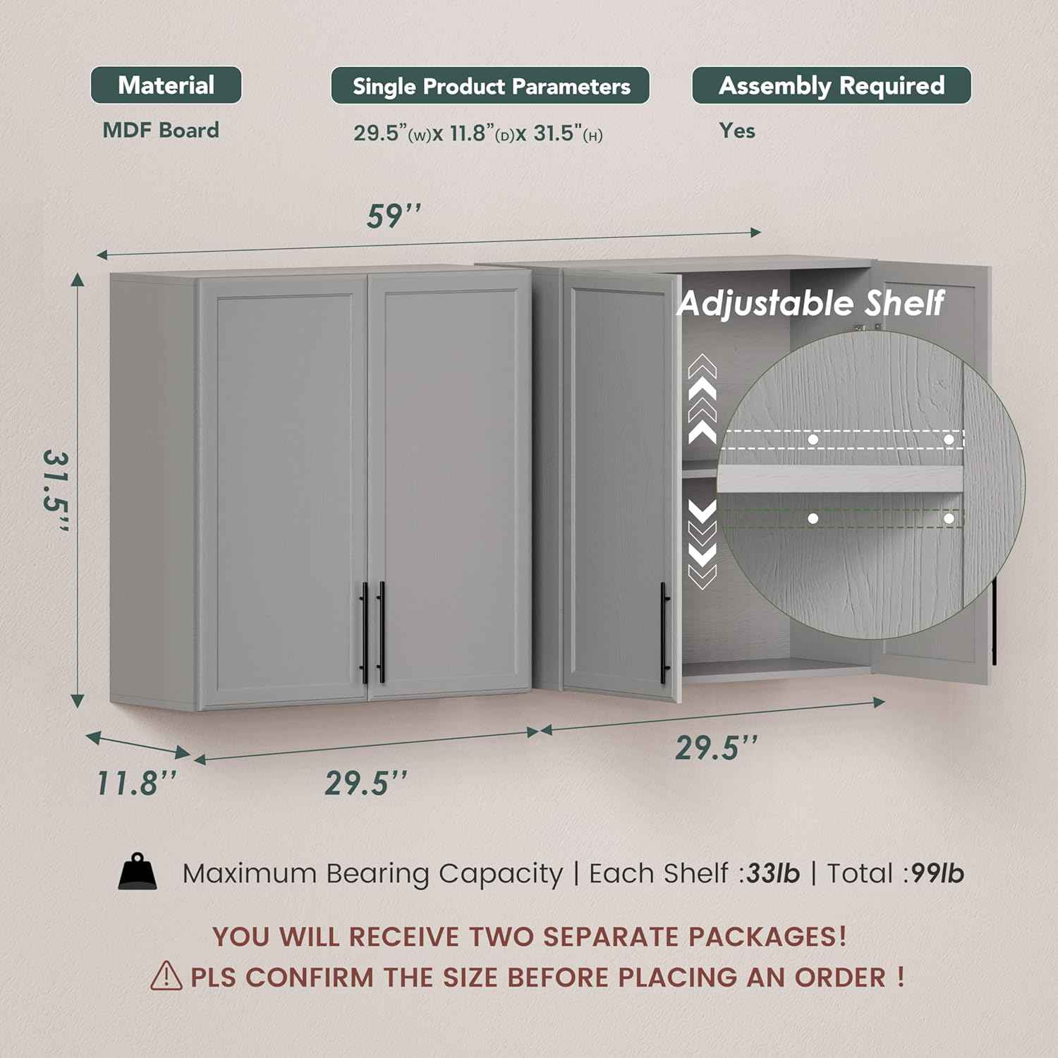 FIMELLO 59" Wall Cabinets for Laundry Room with Adjustable Shelf, Laundry Room Cabinets Wall Mounted, White Wall Cabinet with Shaker Doors, Kitchen Wall Cabinet, Hanging Cabinets for Bathroom -Gray