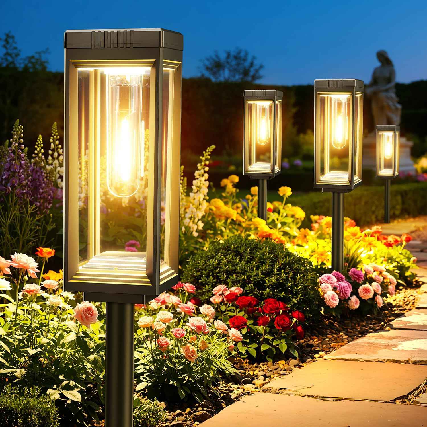Bright Tall Solar Pathway Lights Outdoor Waterproof, 4 Pack Solar Powered Garden Lights, Auto On/Off, Up to 15Hrs Outdoor Light for Path Yard Walkway Driveway Patio Lawn Decor Landscape