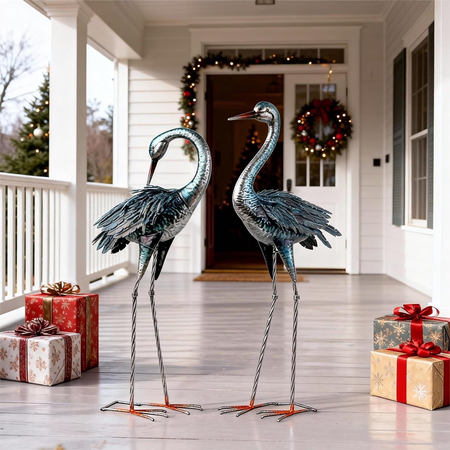 Kircust Garden Crane Statue for Outdoor, Blue Heron Decoy Garden Sculptures and Statues, Metal Bird Yard Art for Lawn Patio Decor, Set of 2