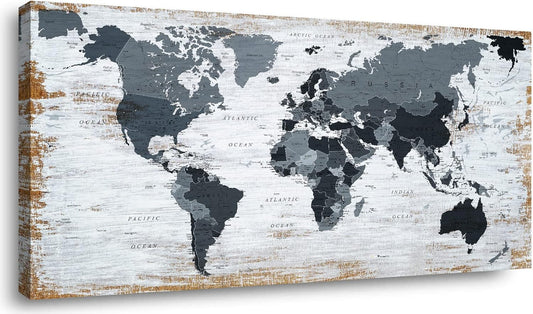 World Map Canvas Wall Art Decor Black Wall Decor Office World Map Wall Art World Pictures for Living Room Wall Decoration Map of the world Picture Framed Artwork Decor for Home Bedroom Decoration
