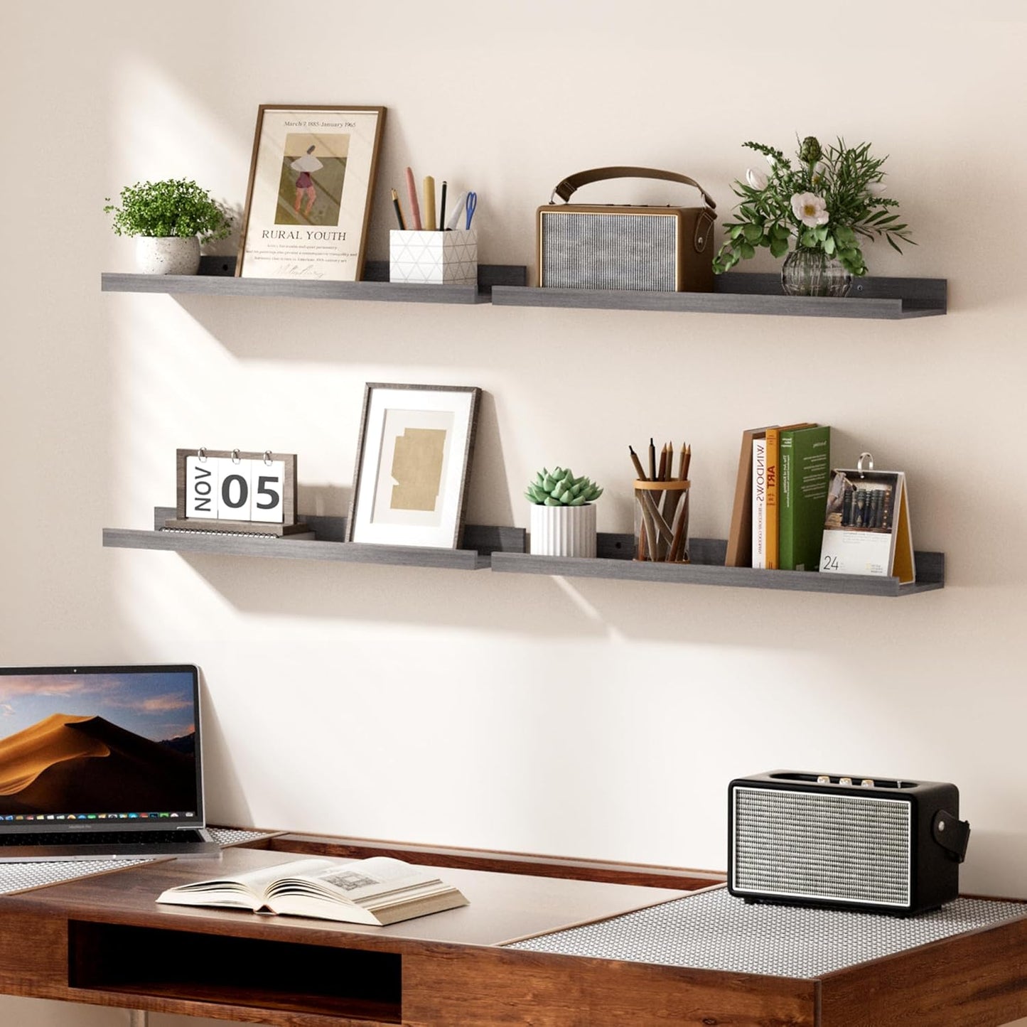 upsimples Floating Shelves for Wall, Wood Mounted Shelf Decor Storage Set of 6, for Bedroom, Living Room, Bathroom, Kitchen, 23.6 inch Long Picture Ledge, Grey