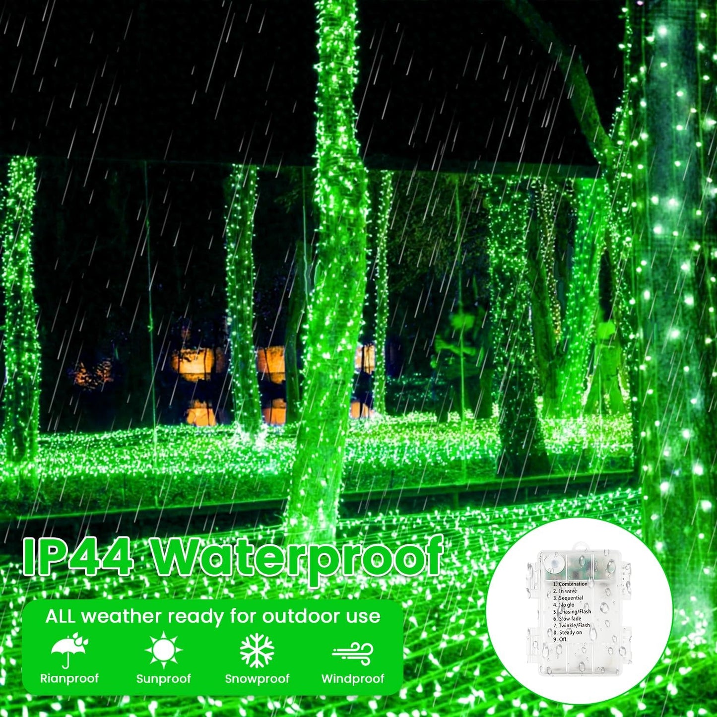 2 Pack Halloween String Lights Battery Operated with Timer, 66FT 200 LED Waterproof Battery Fairy Lights, 8 Modes Twinkle Light for Indoor & Outdoor Party Bedroom Garland Tree Christmas Decor (Green)