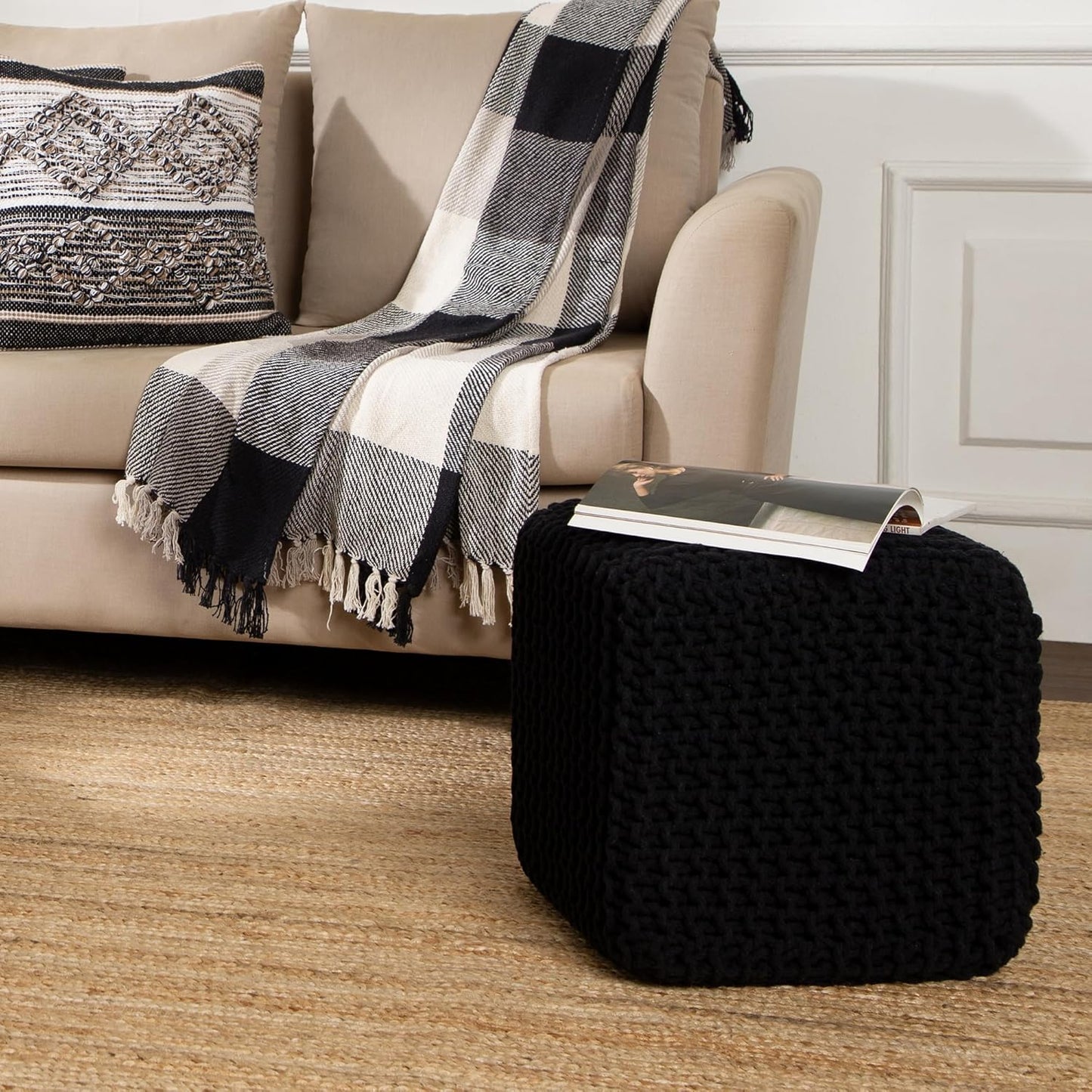 REDEARTH Cube Pouf Foot Stool Ottoman - Hand Knitted Poof - Cord Boho Pouffe - Home Décor - Stuffed Footrest for Living Room - Bedroom - Covered Patio (16" x 16" x 16") - Black